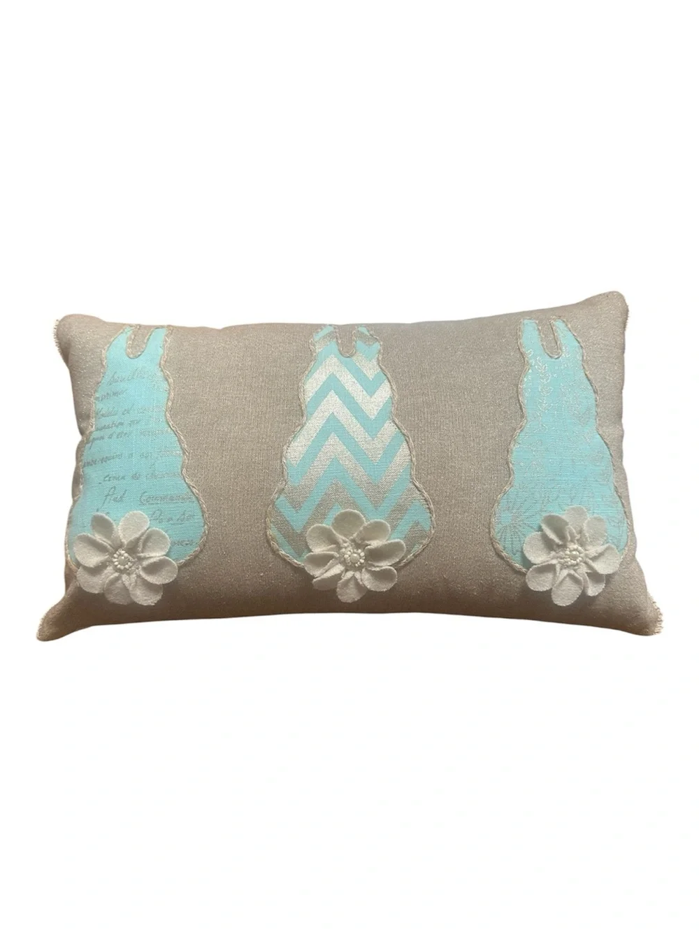 Pier 1 Beige Bunny Tails Pillow with Aqua Bunny Appliqués